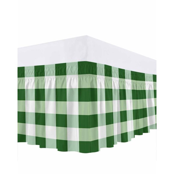 Green White Plaid Ruffle Bed Skirt King Size Simple Pattern Adjustable Elastic Dust Bed Skirts Wrap Around Bedskirt Wrinkle Free Easy Fit with 16 Inch Drop