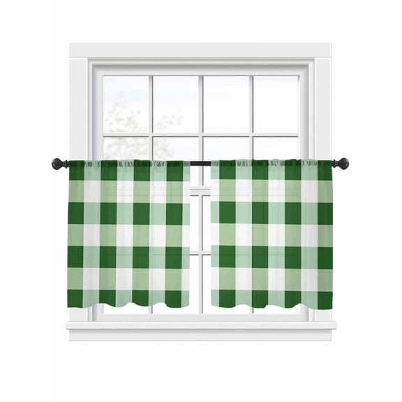 Green White Plaid Sheer Curtains 54 Inch Long 2 Panels, Simple Pattern Light Filtering Rod Pocket Semi Sheer Curtains, Sheer Voile Drapes for Living Room Bedroom, 52"x54"