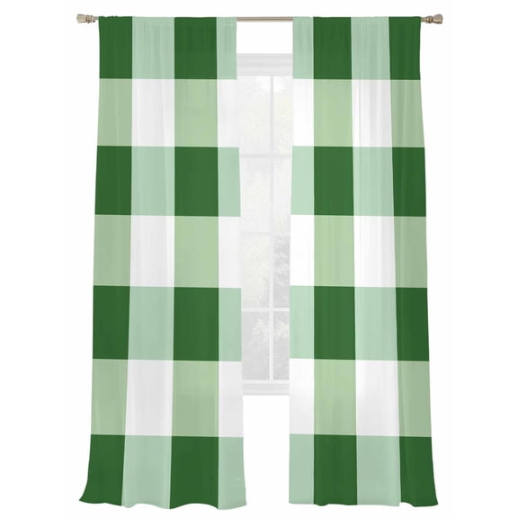 Green White Plaid Sheer Curtains 84 Inch Long 2 Panels, Simple Pattern Light Filtering Rod Pocket Semi Sheer Curtains, Sheer Voile Drapes for Living Room Bedroom, 52"x84"