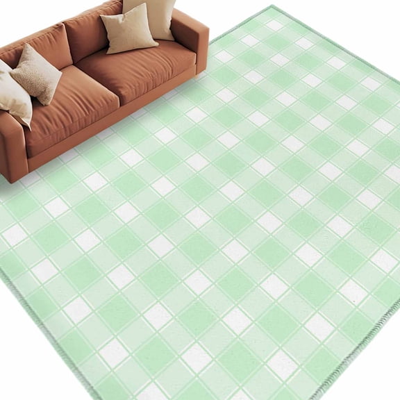 Green White Plaid Washable Living Room Rugs 9'x12', Farmhouse Rustic Country Checkerboard Pattern Low Pile Throw Large Area Rug Non-Slip Sturdy Edge Binding Carpet for Bedroom Dining Room Office