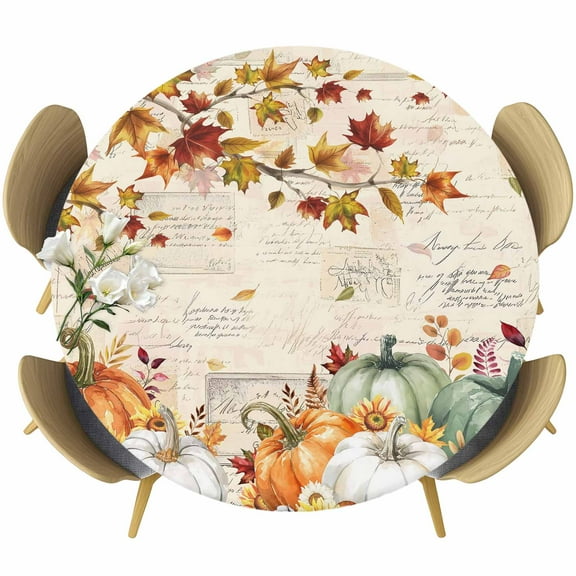 Green White Pumpkins Fall Round Tablecloth 36-44 Inch Round Fitted Table Cloth with Elastic Edge, Thanksgiving Maple Leaf Autumn Waterproof Table Cover Protector for Outdoor Picnic Party Dining