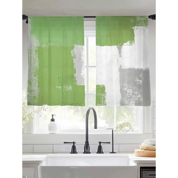 Green White Sheer Curtains 54 Inches Long 2 Panels Gray Graffiti Mottled Color Blocks Abstract Art Light Filtering Semi Sheer Window Curtains Drapes for Bedroom Living Room 52"x54"