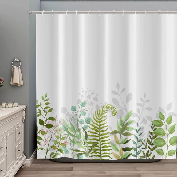 Green and White Shower Curtain, Botanical Plants Sage Green Leaf Spring Rustic Bathroom Curtains for Bathtub Decor Machine Washable Waterproof Fabric with 12 Hooks