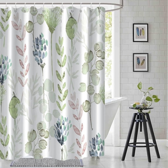 Green and White Shower Curtain, Eucalyptus Shower Curtain for Bathroom Watercolor Green Blue Pink Botanical Waterproof Fabric Shower Curtain Set with Hooks, 72x84 Inch