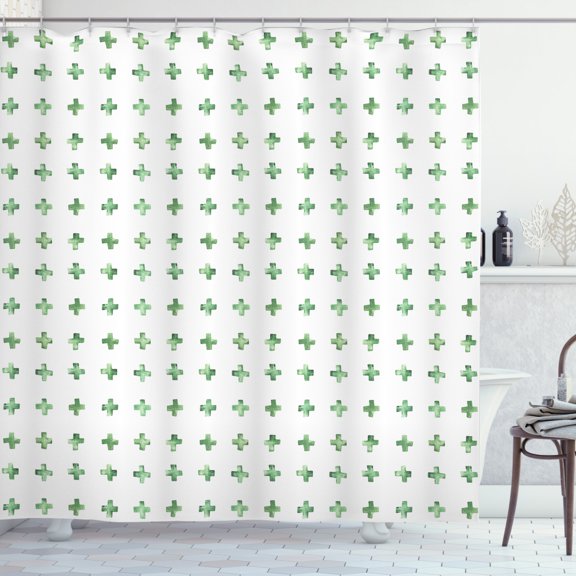 Green and White Shower Curtain, Pattern with Watercolor Style Plus Signs Geometric and Modern, Fabric Bathroom Set with Hooks, 69W X 70L Inches, Reseda Green and White, by Ambesonne