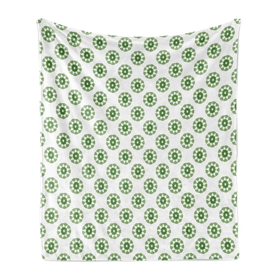 Green and White Soft Flannel Fleece Throw Blanket, Contemporary Ornaments Repetitive Concentric Arcs Round Shapes, Cozy Plush for Indoor and Outdoor Use, 60" x 80", Fern Green and White, by Ambesonne