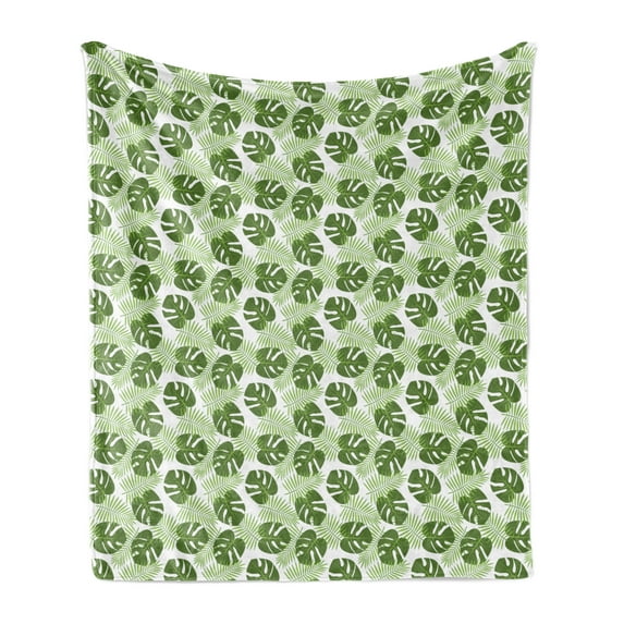 Green and White Soft Flannel Fleece Throw Blanket, Palm Leaves and Monsteras Tropical Themed Monochrome Hawaii, Cozy Plush for Indoor and Outdoor Use, 60" x 80", Green Pale Green, by Ambesonne