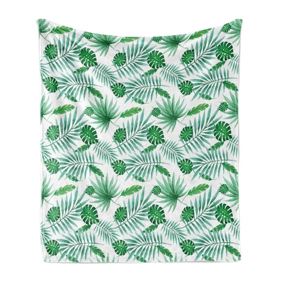 Green and White Soft Flannel Fleece Throw Blanket, Polynesian Aloha Watercolor Style Monstera Palm Leaves Luau, Cozy Plush for Indoor and Outdoor Use, 50" x 70", Green and Almond Green, by Ambesonne