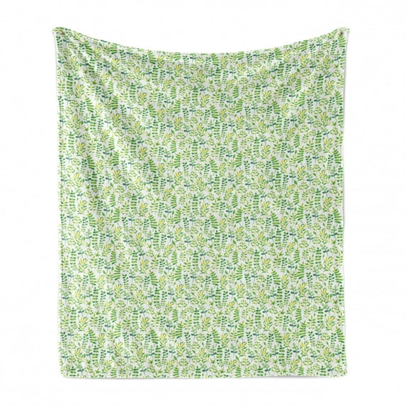 Green and White Soft Flannel Fleece Throw Blanket, Watercolor Style Leaves Plants Ecology Environment Theme, Cozy Plush for Indoor and Outdoor Use, 50" x 70", Yellow Green Lime Green, by Ambesonne