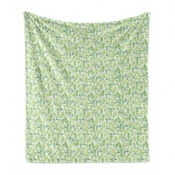 Green and White Soft Flannel Fleece Throw Blanket, Watercolor Style Leaves Plants Ecology Environment Theme, Cozy Plush for Indoor and Outdoor Use, 50" x 70", Yellow Green Lime Green, by Ambesonne