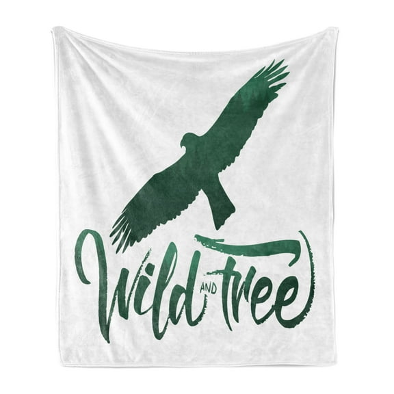 Green and White Soft Flannel Fleece Throw Blanket, Wild and Free Words with Eagle Brush Lettering, Cozy Plush for Indoor and Outdoor Use, 50" x 60", Forest Green and White, by Ambesonne