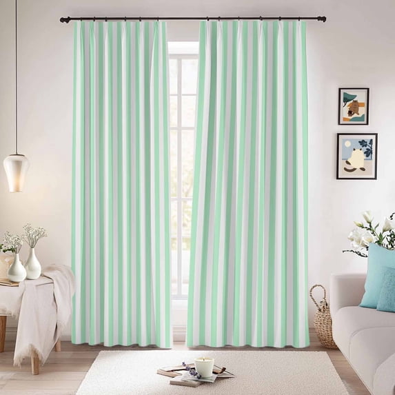 Green White Stripe Blackout Curtains for Bedroom/Living Room, Pinch Pleated Black Out Curtains, Modern Minimalist Geometric Striped Room Darkening Window Drapes with Hooks 2 Panels, 59"x70"