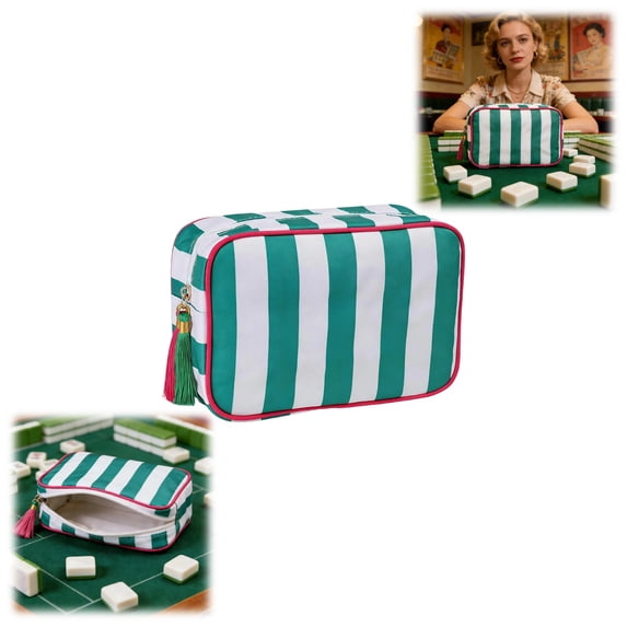 Green & White Striped Mahjong Accessory Bag with Tassel, Waterproof Durable Storage Pouch for Mahjong Tiles, Convenient Zipper Closure & Compact Size, Great for Family Game Nights & Travel