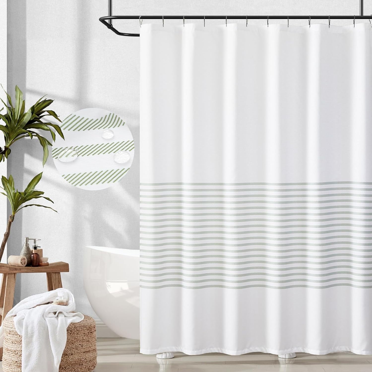 Green and White Striped Shower Curtain Fabric Shower Curtain for Bathroom Modern Shower Curtain Spring Waterproof in Bath 70x72 inches Long Shower Curtain with Curtain Hooks Hotel Dorm