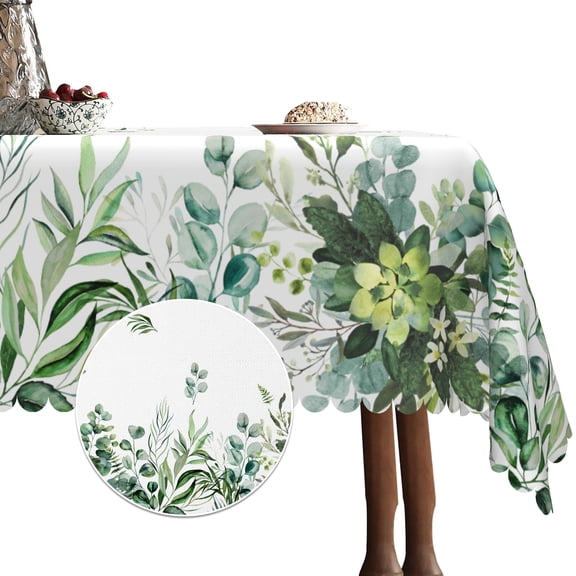 Green White Tablecloth for Rectangle Tables,Plants Linen Table Cloth,Table Cover for Dining Kitchen Decor Party Banquet,54x78