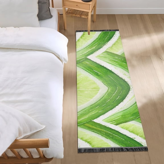 Green White V Lines Watercolor Bedside Runner Rug 2'x 6' Non Slip Carpet Floor Mat Area Rug