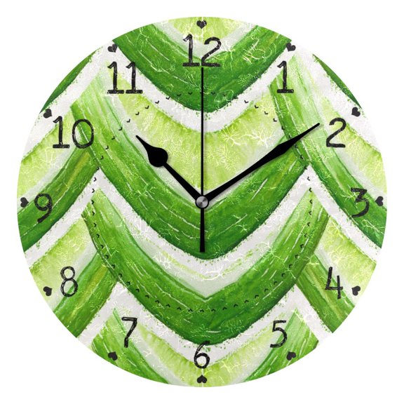 Green White V Lines Watercolor Round Wall Clock Silent Analog Battery Operated Black Pointer Home Decor 9.84" Diameter