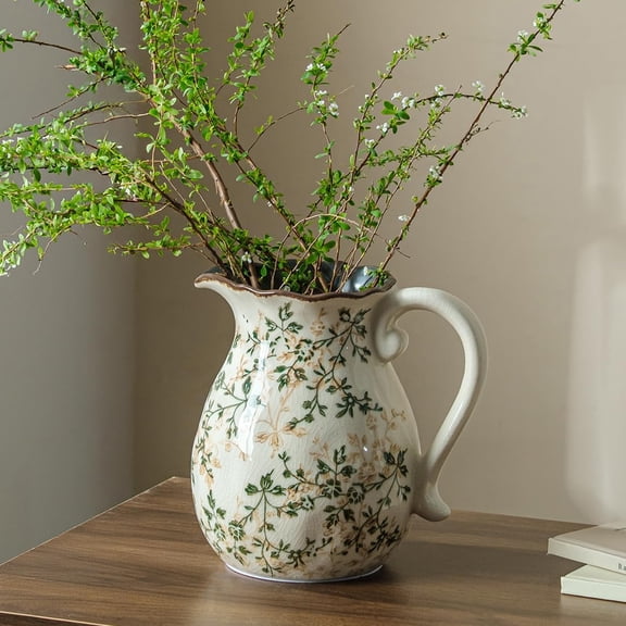 Green and White Vintage Vase with Handle, Chinoiserie Floral Pitcher Vase, Rustic Ceramic Farmhouse Vases for Home Decor, Living Room, Bookshelf, Office, Grand Millennial Decors, Tuscan Decor 7.9 Inc
