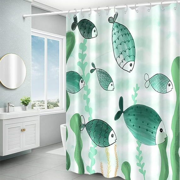 Green White Waterproof Fabric Cloth Shower Curtain for Bathroom Decor Seaweed Fishes Machine Washable Cloth Bath Kids Girls Bath Shower Curtains with Hooks 72x72 inches