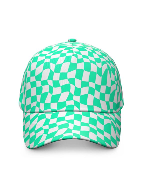 Green and White Wavy Checkered Baseball Cap, Sports Sun Cap with Snap Closure & Sweatband, Polyester Construction Gifts for Birthday Christmas Thanksgiving