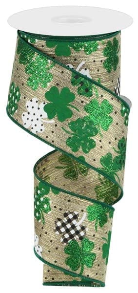 Green White and Gold Patterned Shamrock Wired Ribbon 2.5