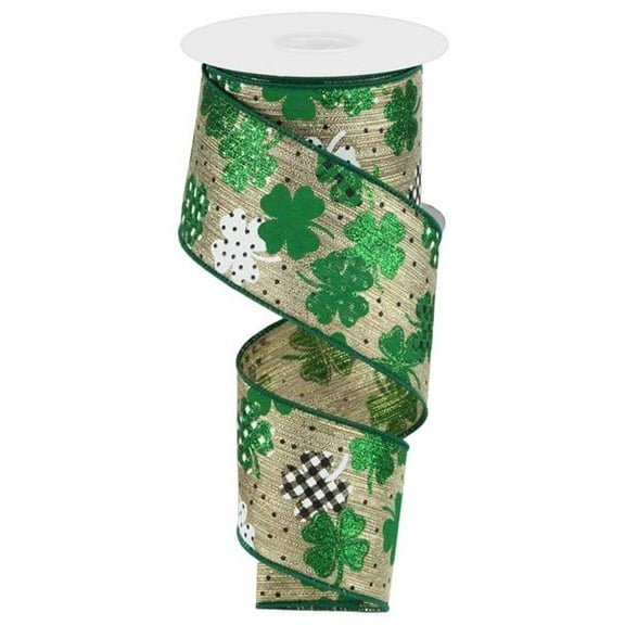 Green White and Gold Patterned Shamrock Wired Ribbon 2.5" x 10 yards