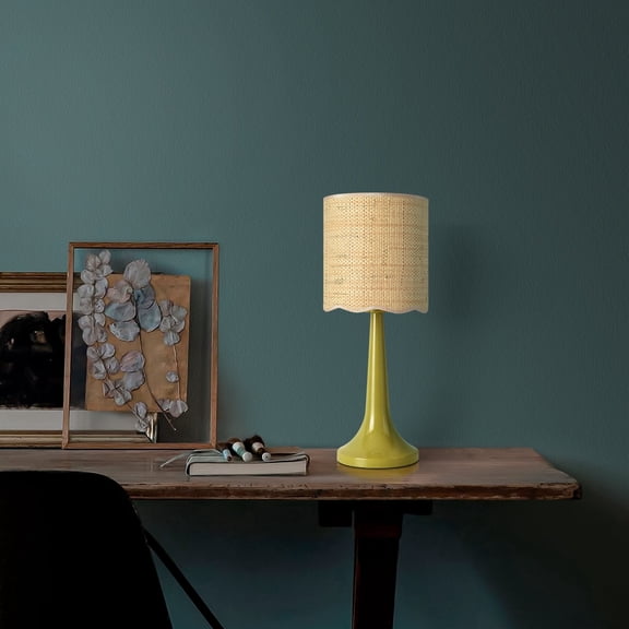 Green Wicker Small Table Lamp for Bedroom, Green Bedroom Lamps for Bedside Nightstand, Small Wicker Shade Table Shape Lamps for Small Spaces for Kitchen Counter, Home Office, Living Room, Kids Dorm