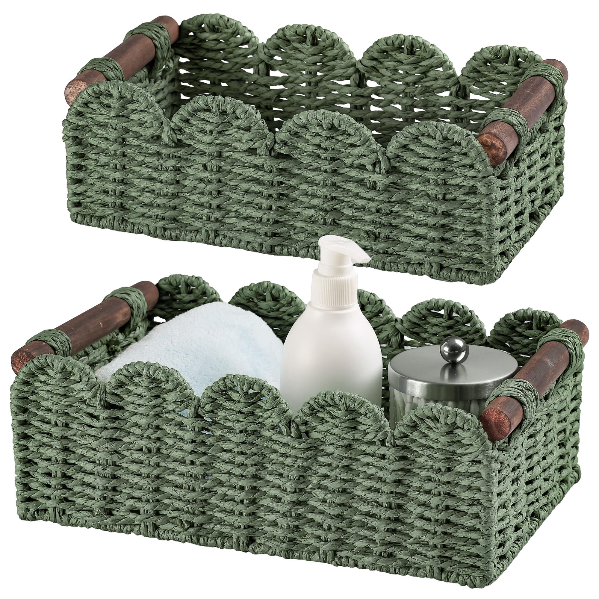 Green Wicker Storage Basket For Organizing Bathroom, Kitchen And Home Spaces