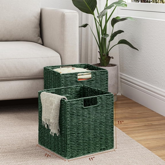 Green Wicker Storage Basket Set of 2 Paper Rope Hand-Woven Foldable Cube Storage Bins for Organizing Shelves Decor and Essentials