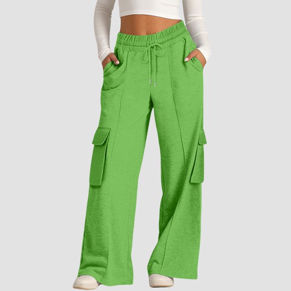 Green Wide Leg Sweatpants Women's Fashion Solid Color Waist Wide Leg Casual Pants with Pocket Pants Fashion Clothing