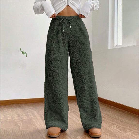 Green Wide Leg Sweatpants Women's Fuzzy Plush Pajama Pants Elastic Waist Wide Leg Bottoms Pants Fashion Clothing