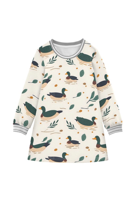 Green Wild Ducks Pattern Girls'long-sleeved dress Thickened A-dress Warm Dress Basic Shirt Party Dresses