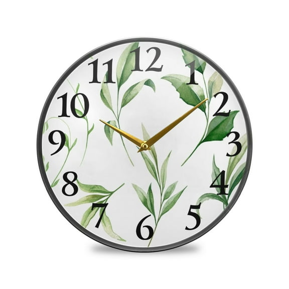 Green Wild Leaves Wall Clocks Battery Operated 11.9 Inch Round Clock Acrylic Silent Non-Ticking Bedroom Living Room Decorative Clocks