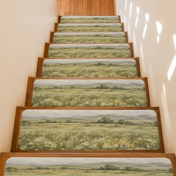 Green Wilderness Non-Slip Stair Treads for Wooden Steps, 7 Pack 8x30 Inches Carpet Stair Mats with Adhesive Backing, Noise-Reducing Step Covers for Indoor Stairs, Easy to Install & Residue-Free