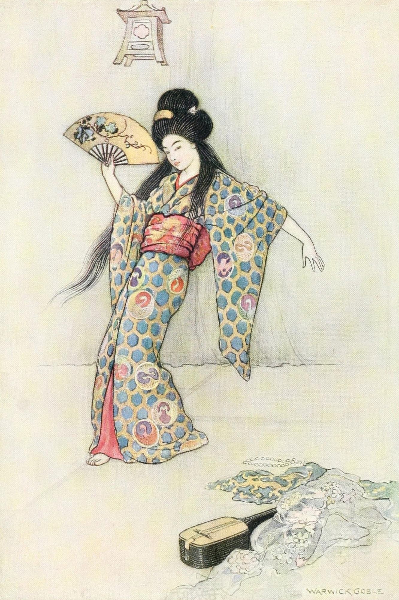 Green Willow 1910 Fan lady Canvas Art - Warwick Goble (24 x 36)