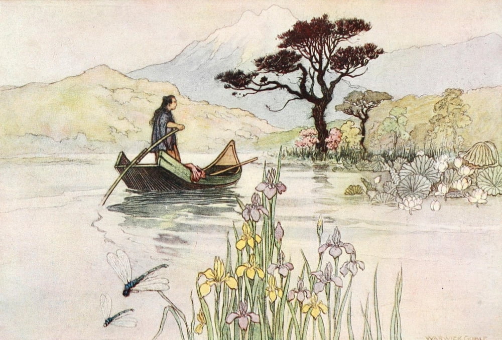 Green Willow 1910 Rowing boat & irises Canvas Art - Warwick Goble (24 x 36)