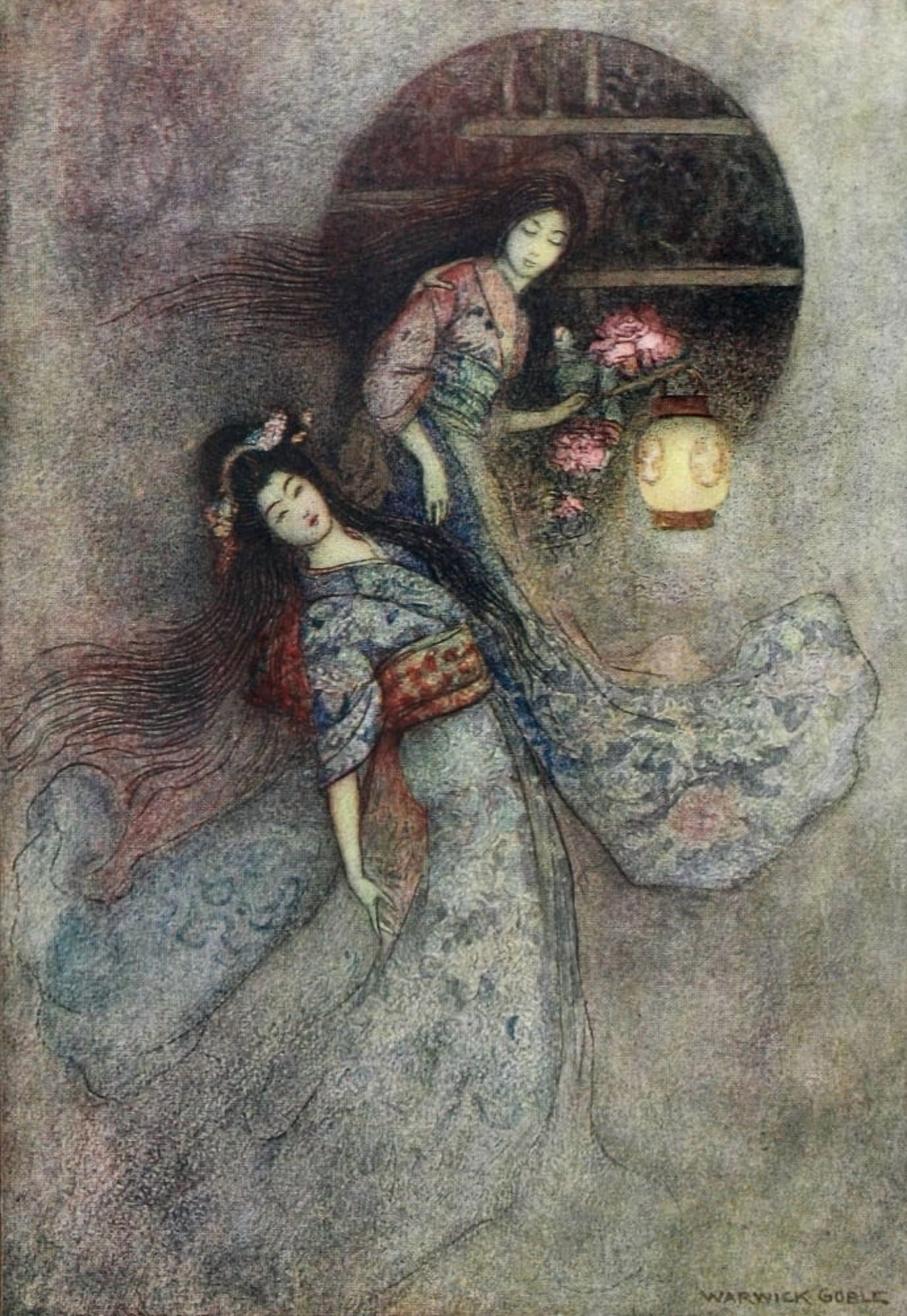 Green Willow 1910 The Peony lantern Canvas Art - Warwick Goble (18 x 24)