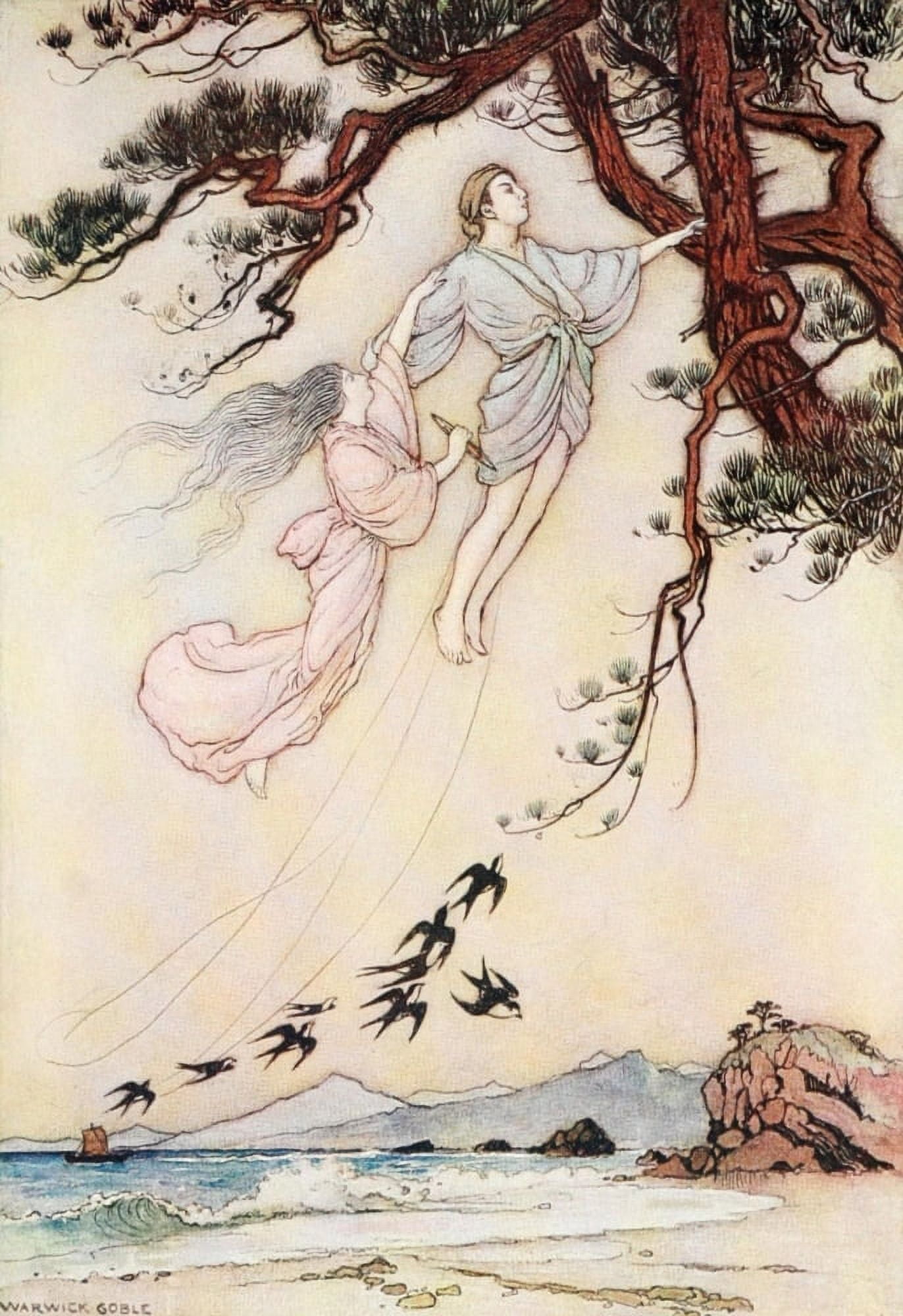 Green Willow 1910 The wind in the pine tree Canvas Art - Warwick Goble (24 x 36)