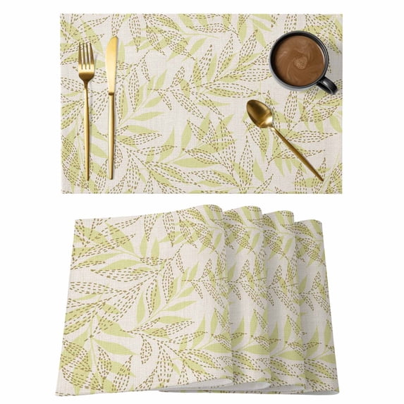 Green Willow Leaves Placemats Set of 8 Modern Dotted Boho Minimalist Art Place Mats Indoor Wipeable Table Mats Washable Cloth Dining Table Placemats for Kitchen Holiday Party Home Decor 13x19 Inch