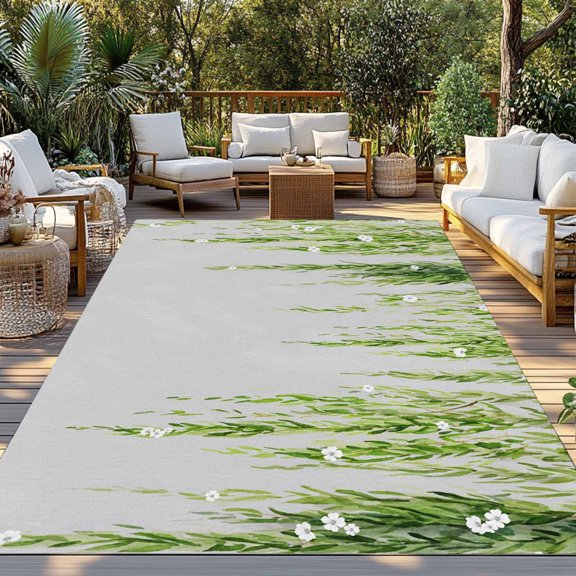 Green Willows Indoor Outdoor Rugs 3x5 Ft, Spring Falling Green Willows Leaf White Floral Grey Outdoor Patio Rugs Mat Washable Outside Area Rugs Carpet for Porch Deck RV Camping Pool Balcony Backyard