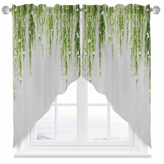 Green Willows Swag Kitchen Curtain Valances, Spring Falling Green Willows Leaf White Floral Grey Rod Pocket Curtains Window Treatment Decor Valances for Bedroom Bathroom, 2 Panels 28 x 36 Inch