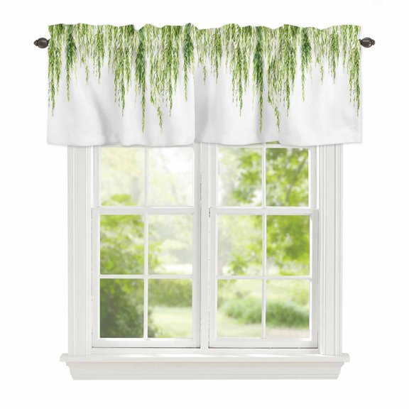 Green Willows Window Valance for Kitchen, Watercolor Spring Falling Green Willows Leaf Plant Rod Pocket Short Curtain for Small Windows, Light Filtering Decorative Valance, 60 x 18 Inch