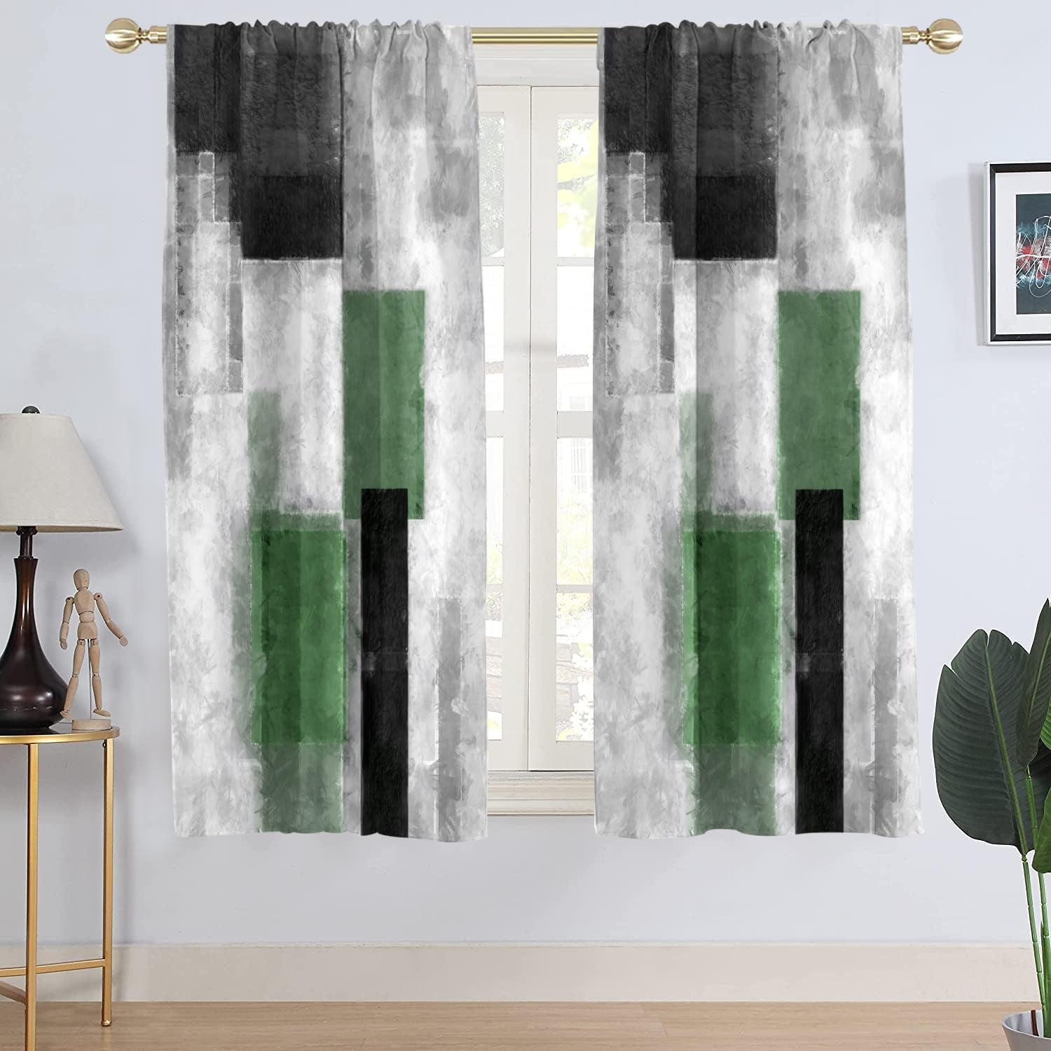 Green Window Curtain Sage Black and White Plaid Dark Olive Emerald Grey Gray Modern Abstract Living Room Bedroom Rod Pocket Drapes Treatment Fabric 1 Pair Home Decor, 42" W x 63" L, Checkered