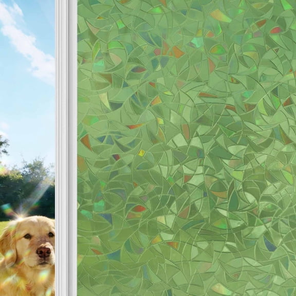 Green Window Privacy Film Stain Glass,Reusable Decorative Rainbow Window Film,Solid Color Simple Abstract Fashion Light Color Static Cling Sun Blocking Stickers Decals Covers 17.7" x 78.7" (2pcs)