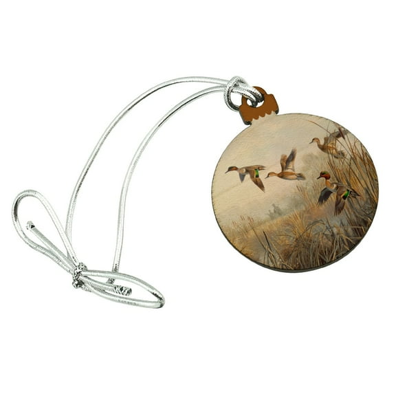Green-Winged Teal Ducks Taking Flight Hunters Hunting Mini Small Tiny Wood Christmas Tree Holiday Ornament