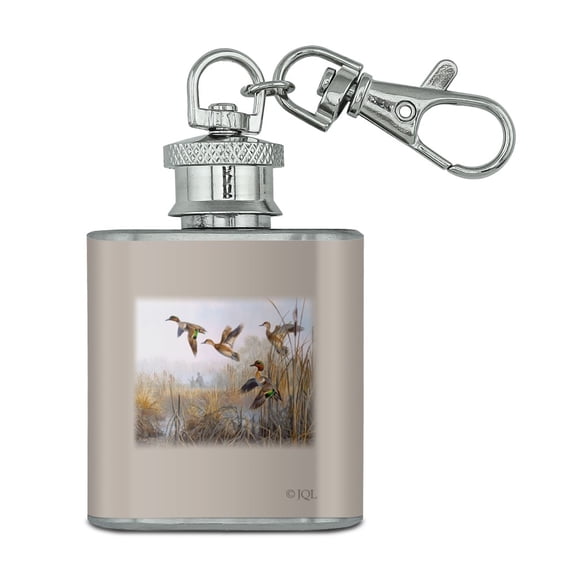 Green-Winged Teal Ducks Taking Flight Hunters Hunting Stainless Steel 1oz Mini Flask Key Chain