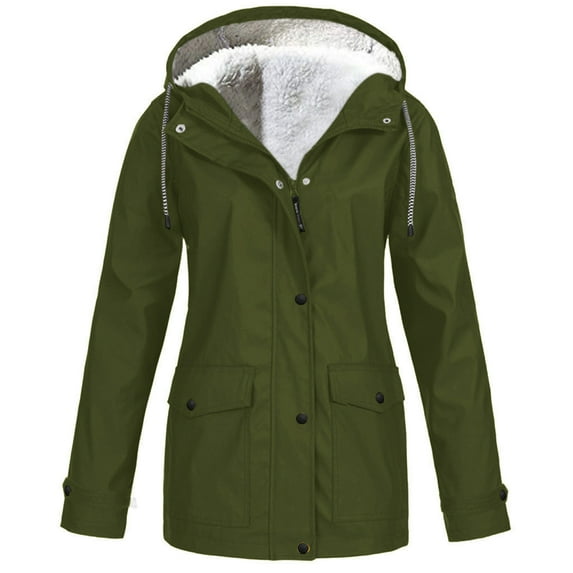 Green Winter Coats for Women, Polyester Womens Winter Coats, Women Solid Plush Thickening Jacket Outdoor Plus Size Hooded Raincoat Windproof 5XL