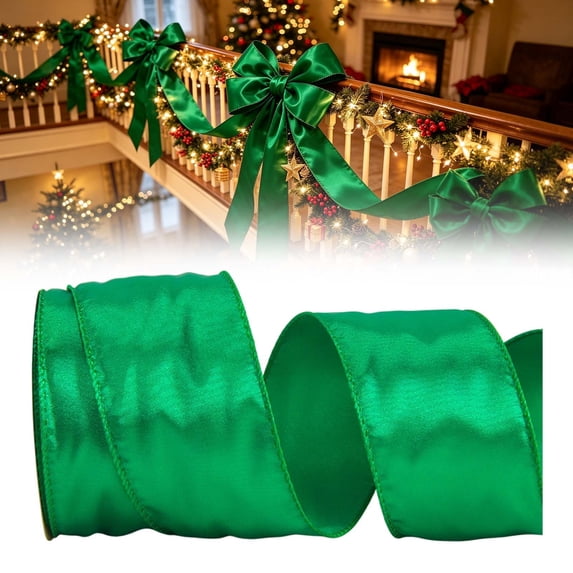 Green Wired Ribbon, Crimped Edge Ribbon for Christmas Wreath Garland, Used for Gift Packaging and Christmas Tree Decoration