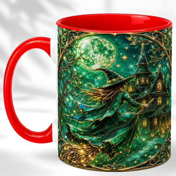 Green Witch Coffee Mug, Stained Glass Art Mug, Ceramic 11 oz