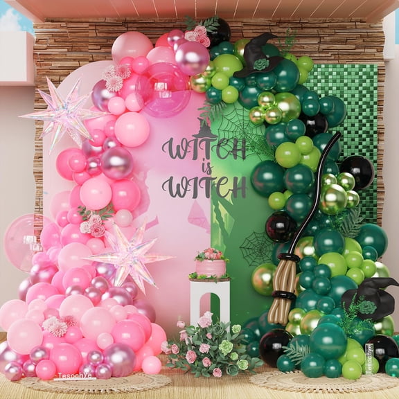 and Green Witch Party Decorations,164 Pcs Light Deep Green Black Balloon Arch Kit with Iridescent Exploding Star Balloons for Princess Witch Birthday Party Fairy Wonderlad Party Supplies Y114